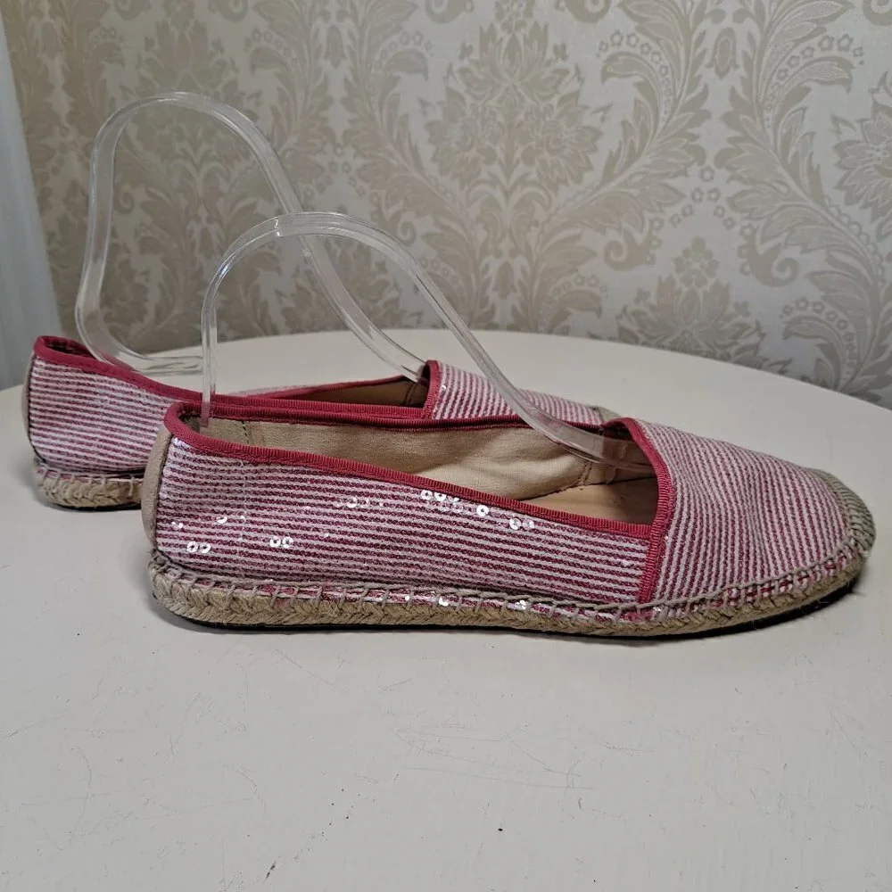 Franco Sarto Size 8.5 A-Whip Pink and White Striped Espadrilles Sequins Jute